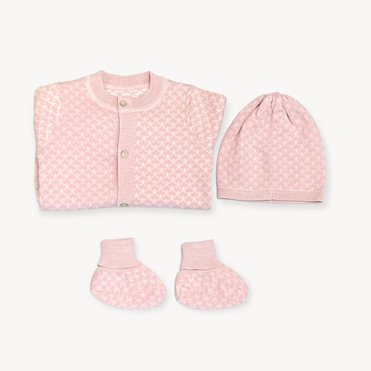 Organic Cotton Milan Jacquard Knit Baby Jumpsuit, Hat & Bootie Set