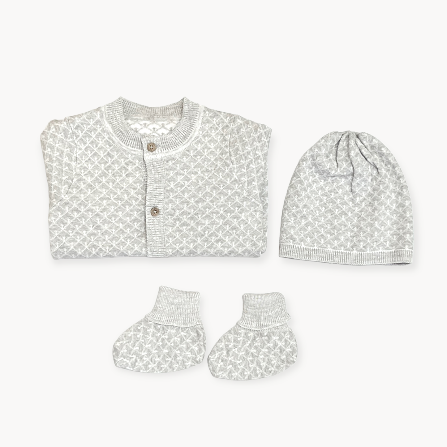 Organic Cotton Milan Jacquard Knit Baby Jumpsuit, Hat & Bootie Set